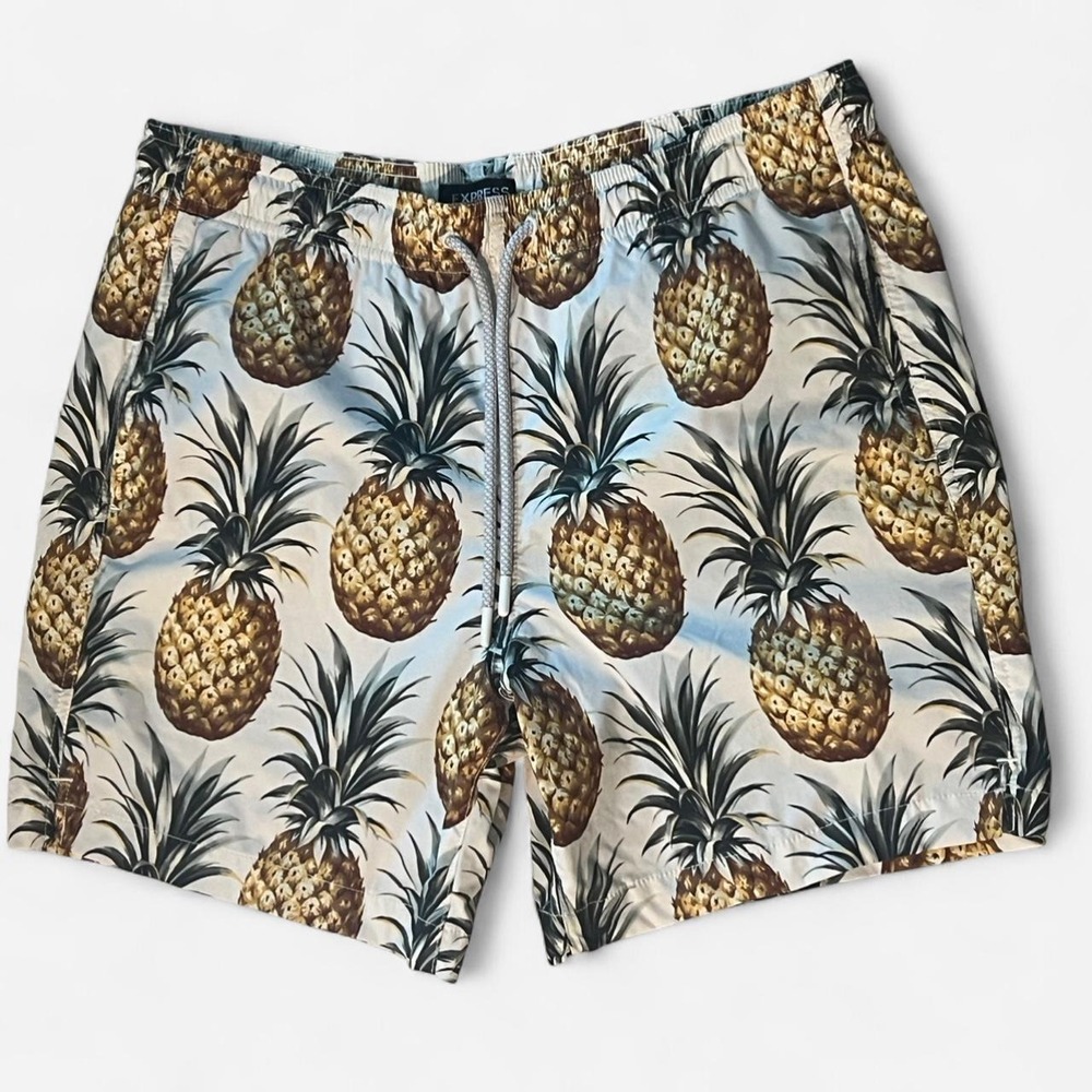 Express Mens Pineapple‎ Print Swim Trunks Blue Yellow Tropical Board Shorts MED
